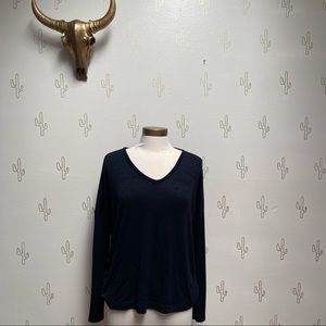 Rag & Bone Knit Long Sleeve V Neck Heathered Blue Black Sweater Top Size L Large